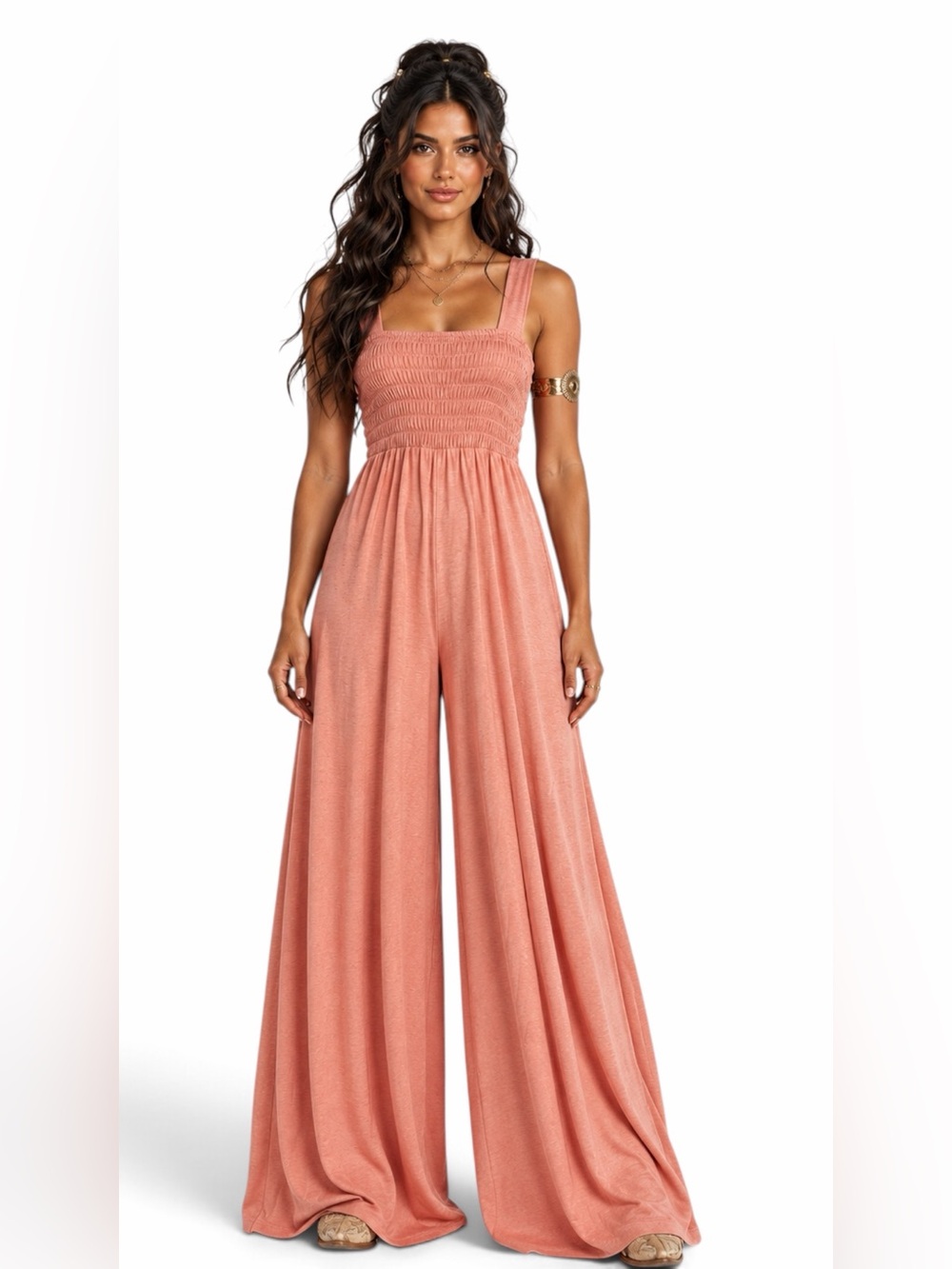 Free People Beach - Homecoming Jumper Smocked Wide Leg Jumpsuit Sunrust – Sz. XS